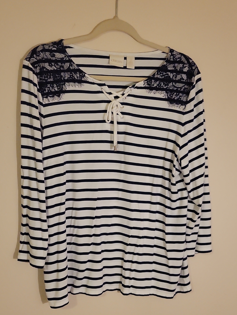 #25 Chico's White & Navy Lace-Trim Striped Long-Sleeve Tee